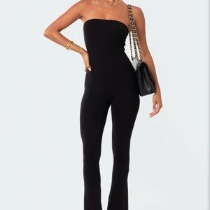 Flared cut slit leg strapless jumpsuit!